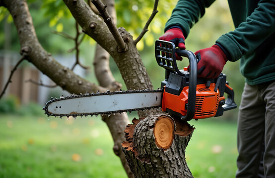 Pro gardener uses chainsaw to trim branches from old tree in backyard. Maintenance work in home garden. Gardener wearing safety gloves. Cutting firewood. Focus on work, tools. Tree branch cut.