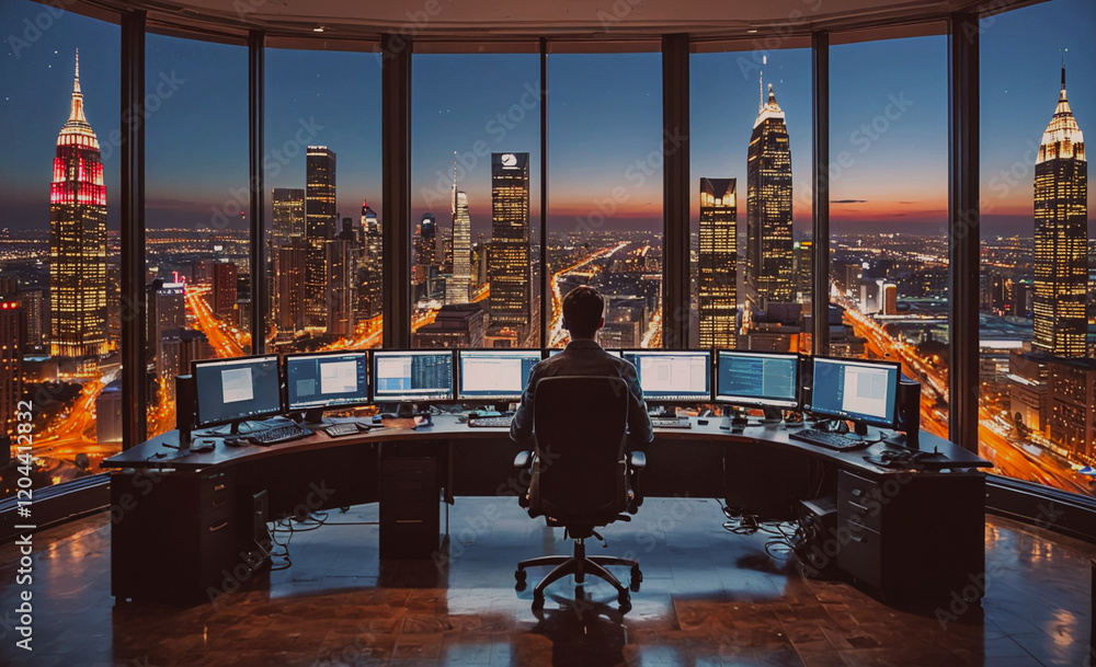 Poster A man sits at a desk in front of a computer monitor with a city view in the background
