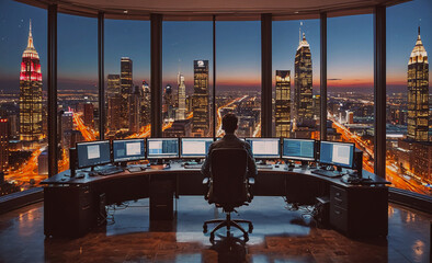 Plakat A man sits at a desk in front of a computer monitor with a city view in the background