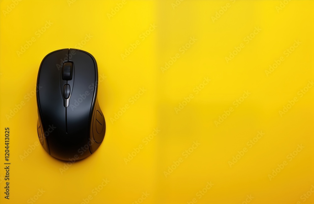 Poster black wireless mouse on bright yellow background. simple minimalist design. modern tech accessory. c