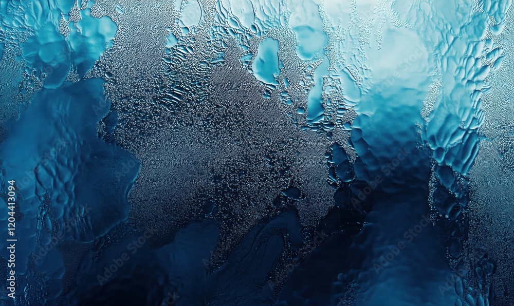 Poster abstract water droplets on glass surface creating a textured blue background with varying shades and