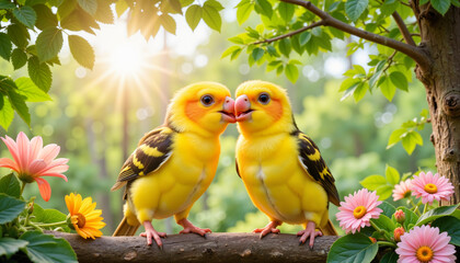 Kawaii birds sharing a sweet kiss on vibrant jungle branch, love