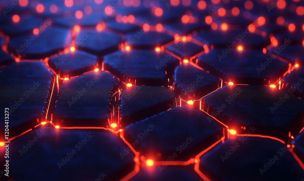 Poster glowing hexagonal pattern with illuminated edges and dark background