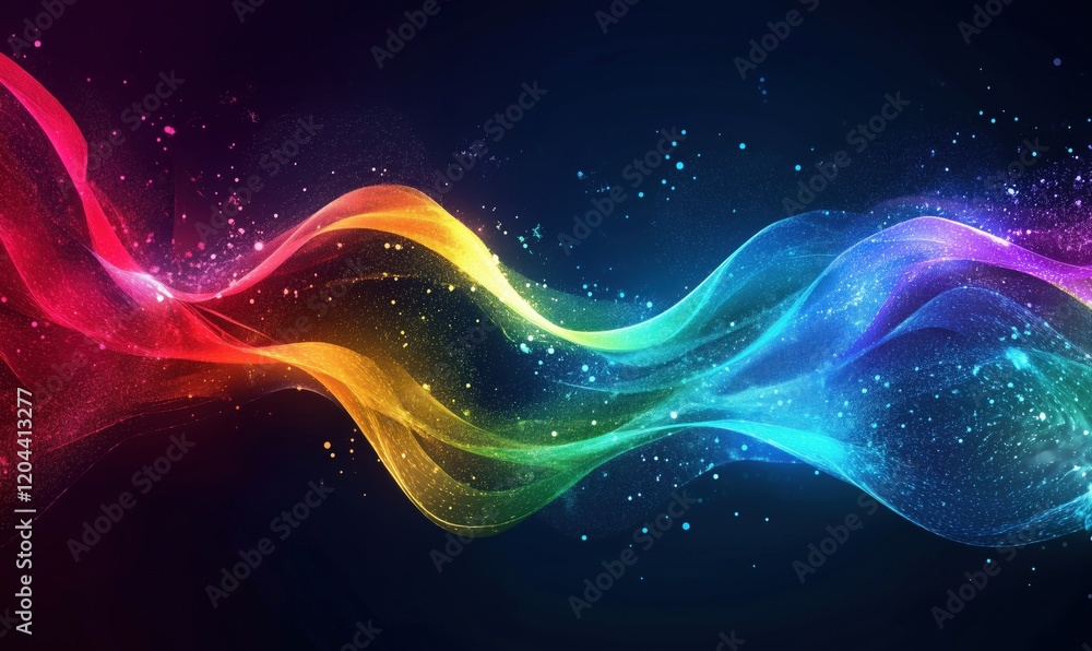 Poster colorful abstract wave design with vibrant hues and sparkling particles creating a dynamic visual ef