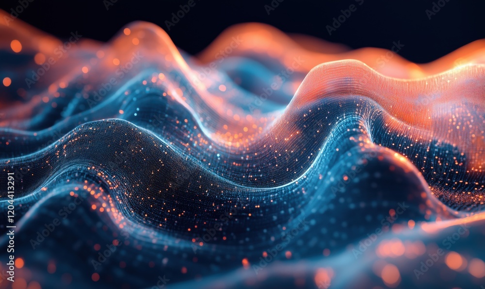 Poster abstract digital landscape with flowing waves and glowing particles, showcasing vibrant colors and i