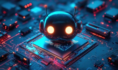 Futuristic robot character on microchip with glowing eyes and headphones, surrounded by circuit board elements, vibrant neon colors