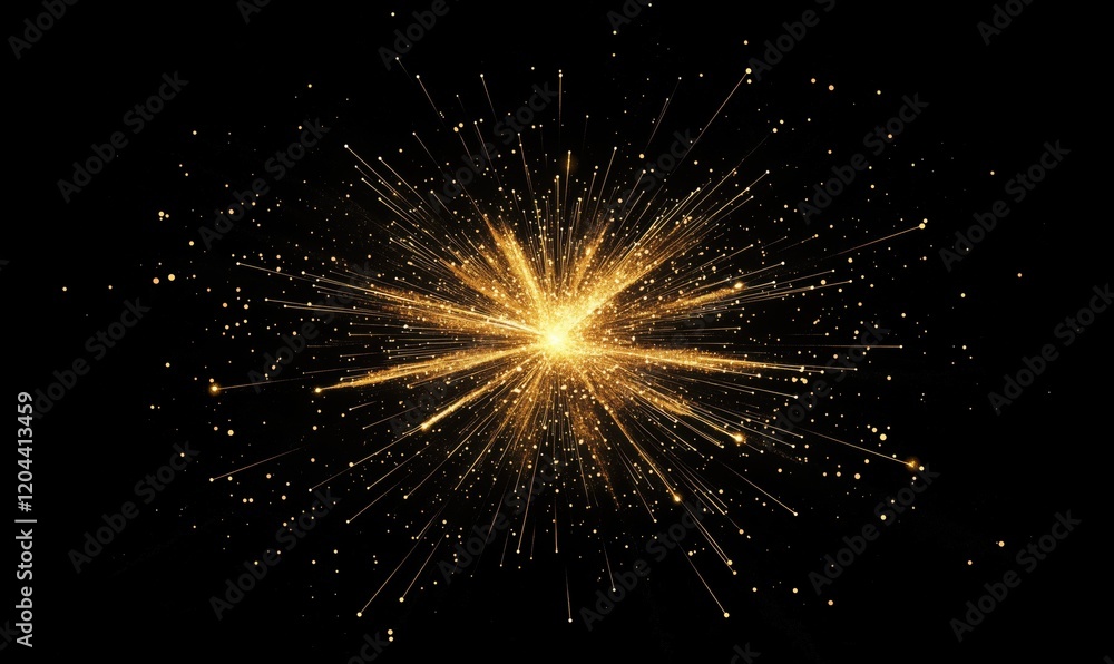 Poster golden explosion of light with radiant sparks and shimmering particles against black background, cre