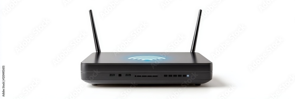 Poster black dual band wireless router with illuminated wi fi signal icon on sleek white background, showca