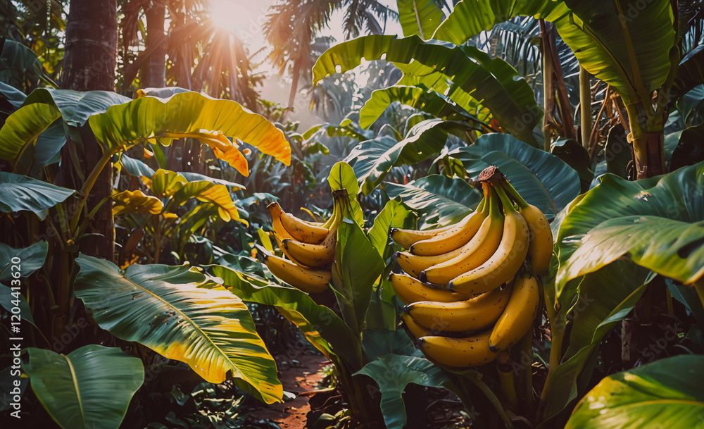 Poster a bunch of bananas are hanging from a tree in a jungle. the bananas are ripe and ready to be picked
