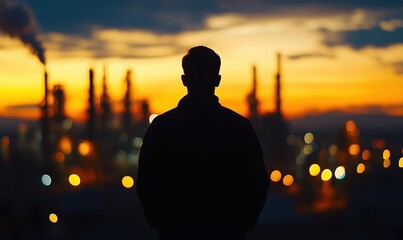 Fototapeta premium Silhouette of Person Against Industrial Skyline at Sunset, Smokestacks and Lights Creating Atmospheric Scene