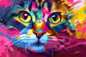 Colorful big cat face in different colors and art like a picture. Neural network ai generated