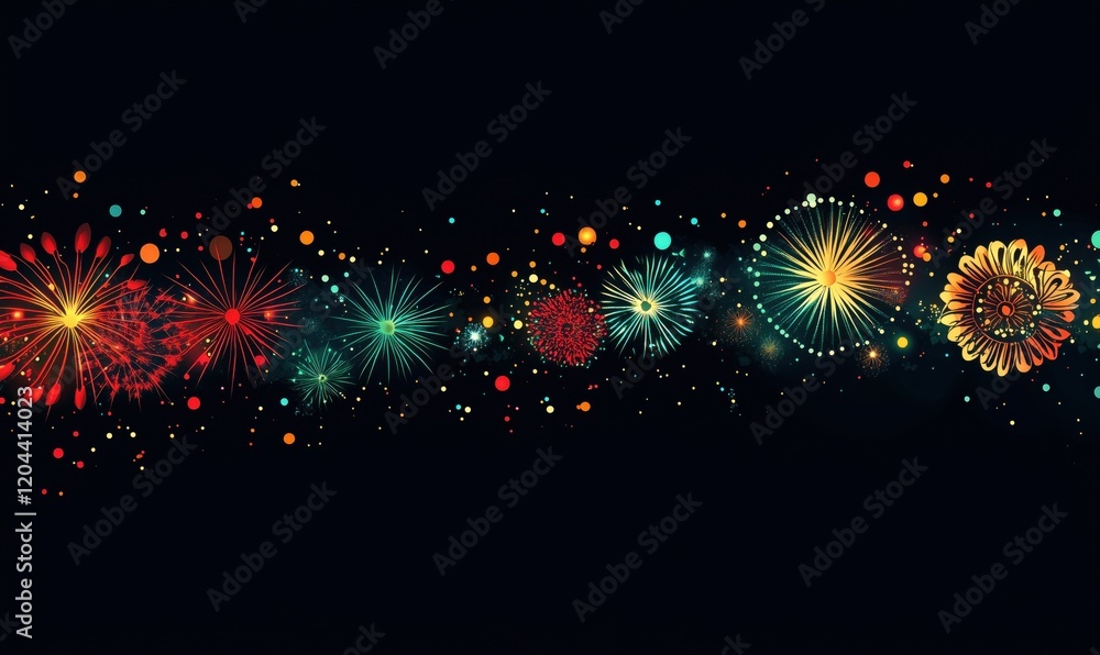 Poster colorful fireworks display with vibrant patterns and dots on black background