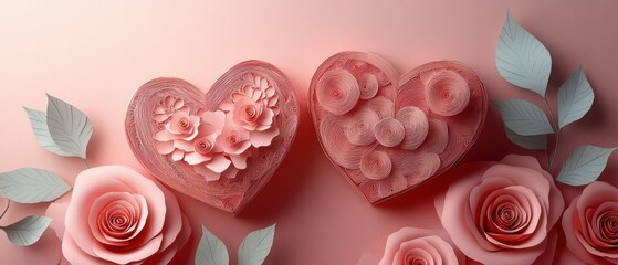 Romantic Paper Flowers in Heart Shapes on a Soft Pink Background