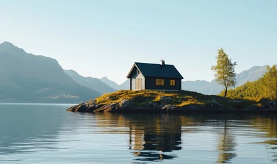 Serene lakeside cabin surrounded by mountains and reflections in water, showcasing tranquil nature and peaceful living