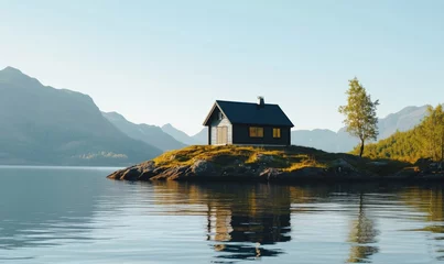 Fototapete Rund Serene lakeside cabin surrounded by mountains and reflections in water, showcasing tranquil nature and peaceful living © Vergiliy