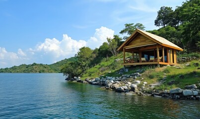 Scenic lakeside wooden cabin with lush greenery and clear blue skies, perfect for relaxation and nature retreats
