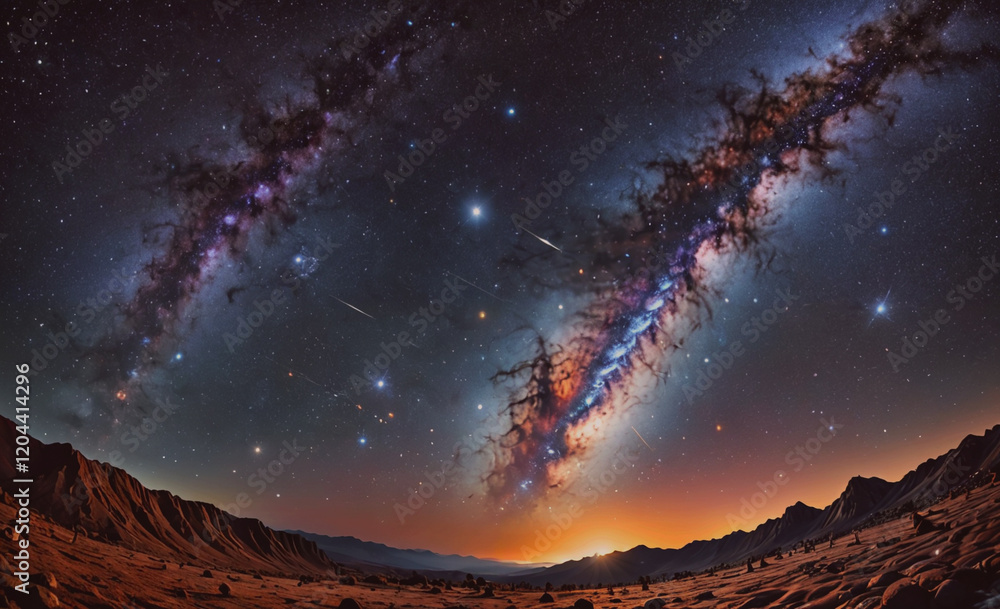Poster the sky is filled with stars and the sun is setting. the sky is a deep blue with a few clouds