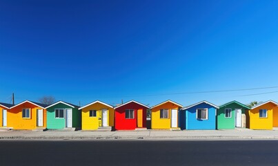 Colorful beach huts lined up under clear blue sky, vibrant red, yellow, green, and blue houses showcasing cheerful architecture
