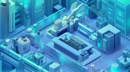 Futuristic factory glows teal isometric rendering. AI Generated