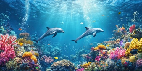 Fototapeta premium Vibrant Coral Reef with Dolphins Swimming Amidst Colorful Marine Life and Sunlight