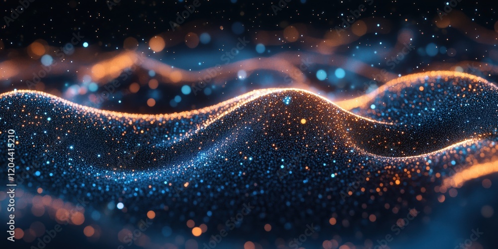 Poster abstract digital landscape with glowing particles, shimmering waves, and vibrant colors creating a m