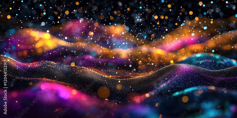 Poster vibrant abstract landscape of shimmering waves with colorful bokeh lights and sparkling particles, c