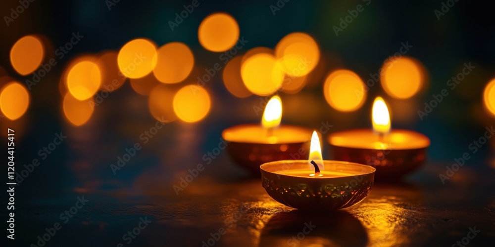 Poster glowing diyas illuminating festive atmosphere with warm light and soft bokeh background