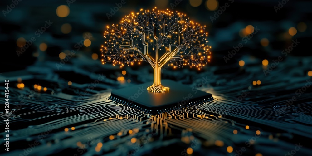 Poster digital tree with glowing circuits on microchip, symbolizing technology and nature integration, inno
