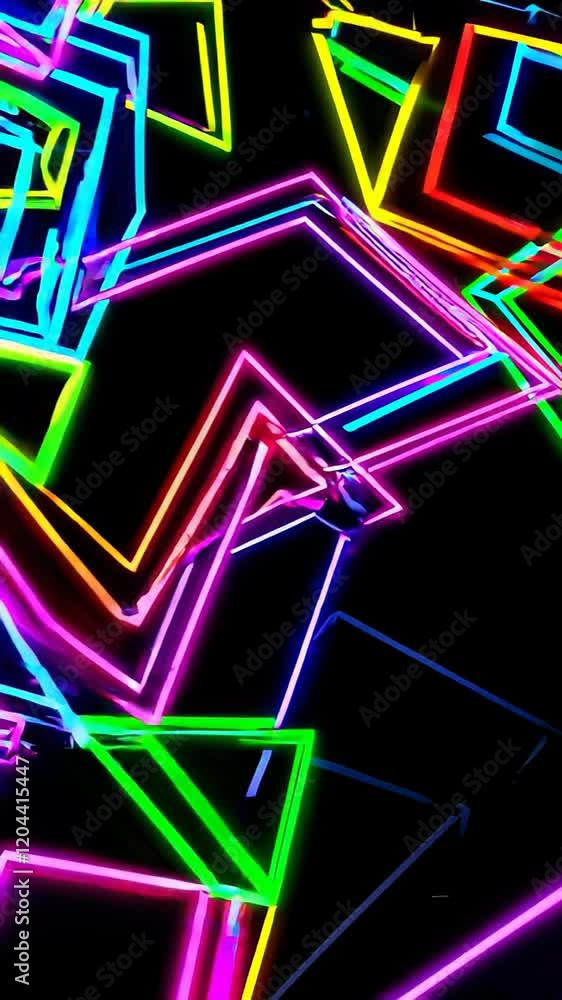 Aufkleber vivid neon geometric shapes in various patterns, glowing brightly on a dark background, creating an 