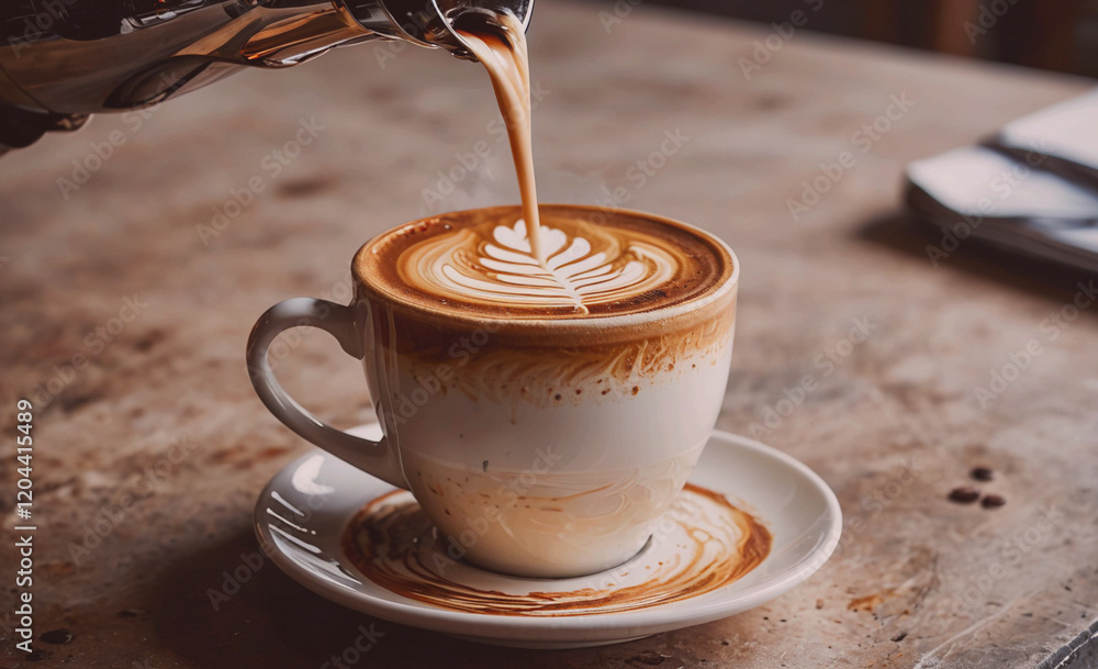 Poster a cup of coffee with a white saucer on a table. the coffee is poured into the cup and has a design o