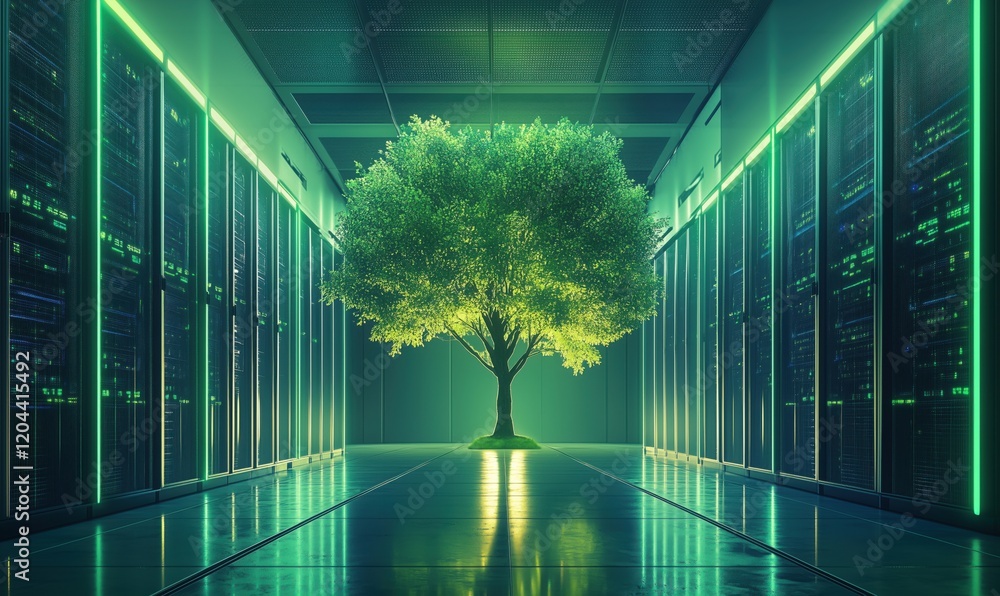 Poster tree in data center symbolizing harmony between nature and technology, surrounded by server racks wi