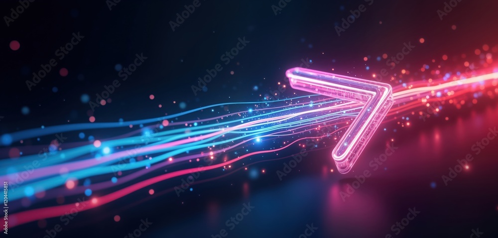 Poster abstract neon arrow design. pink, blue glowing lines, bokeh lights create dynamic, futuristic image.