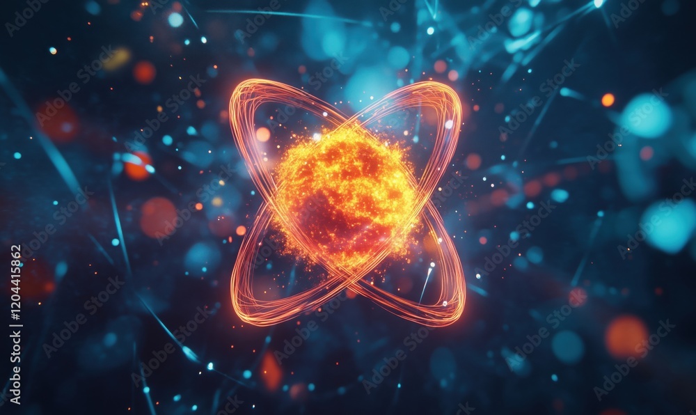 Poster atomic structure visualization with glowing nucleus and orbiting electrons, vibrant colors and dynam