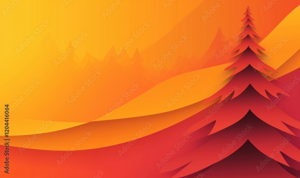 Poster vibrant abstract landscape with red pine trees and warm gradient background