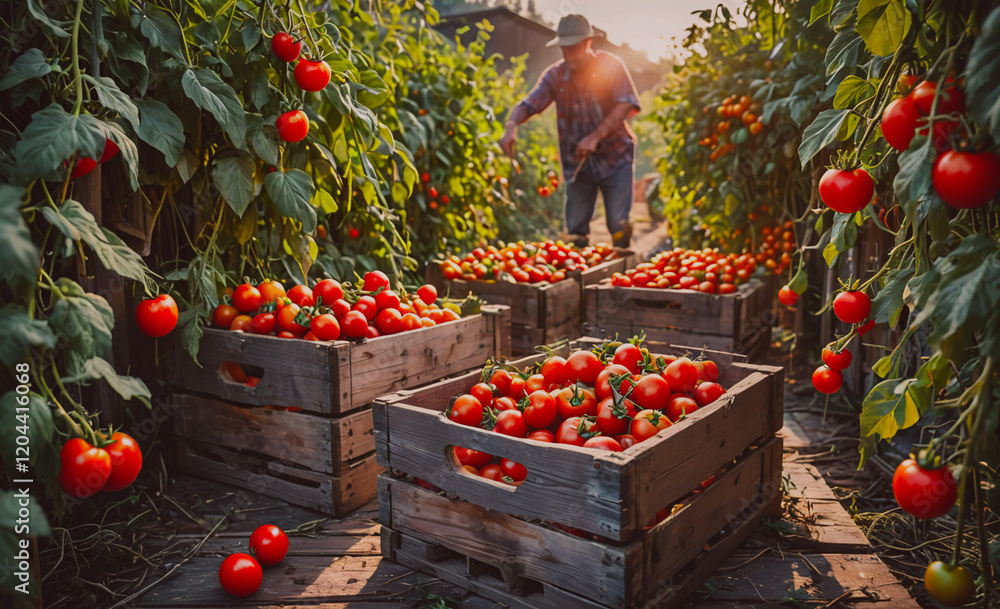 Poster a man is picking tomatoes from a garden. there are three baskets of tomatoes, with one of them being