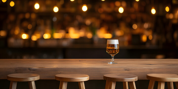 A refreshing beer on a wooden bar top.  Warm lighting creates a cozy atmosphere in the background.