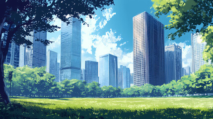 Obraz premium Modern skyscrapers in blue and grey tones a park with green grass a city skyline a peaceful urban oasis. Urban Oasis. Illustration