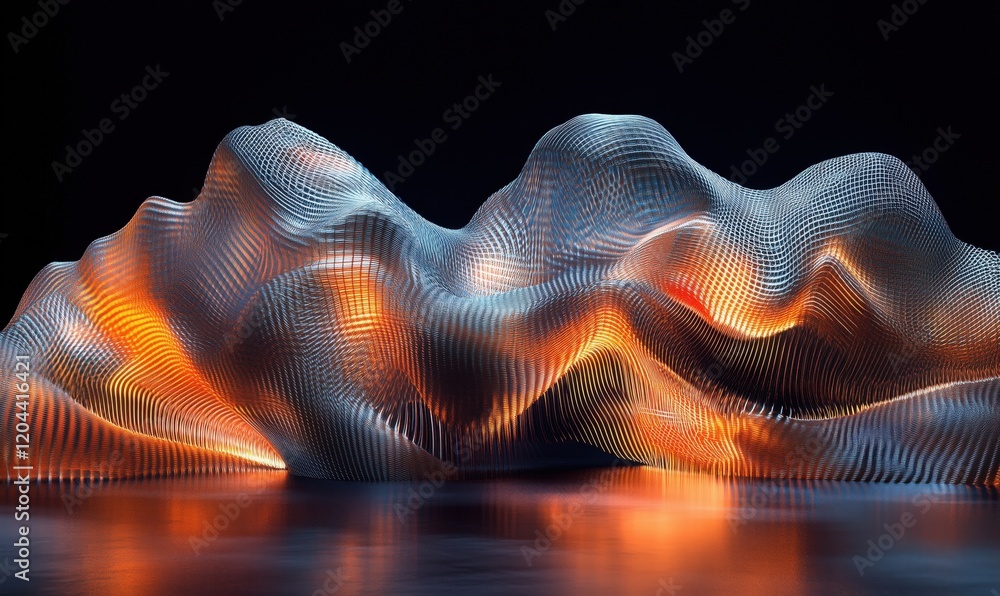 Poster abstract 3d waveform sculpture with illuminated curves and textures, fluid motion, and vibrant color
