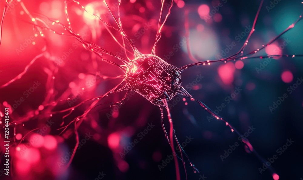 Poster neurons in vibrant colors showcasing intricate connections and glowing synapses, representing advanc