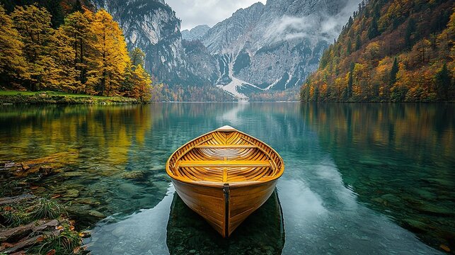 Wooden boat on alpine lake with autumn foliage and mountains.