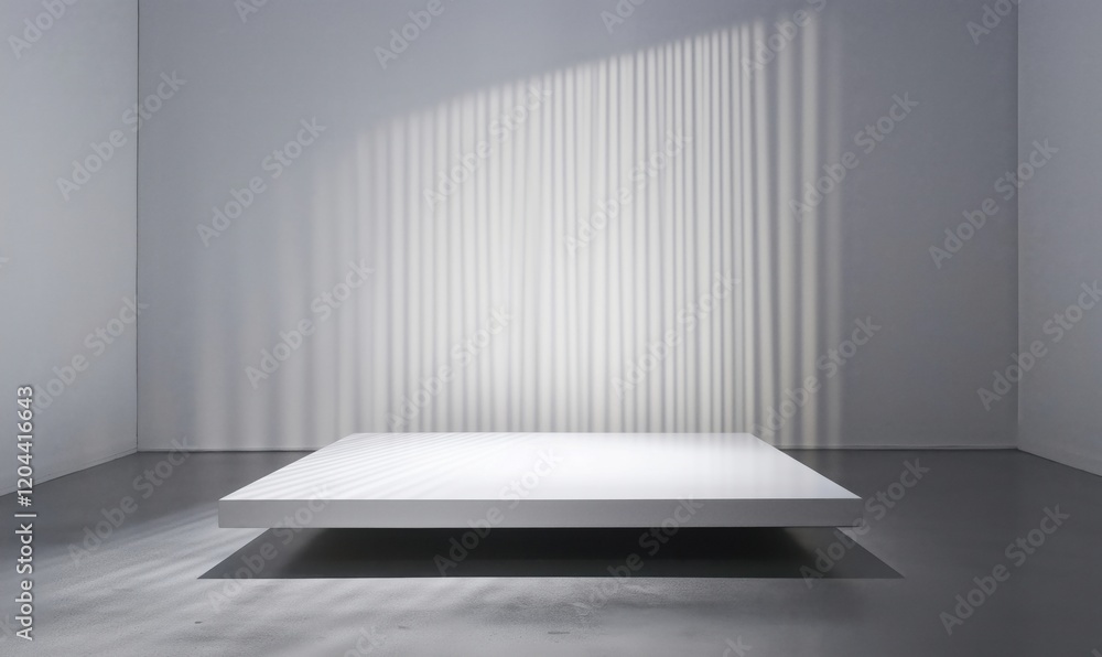 Poster minimalist white platform illuminated by soft light creating striped shadows in a modern gallery spa