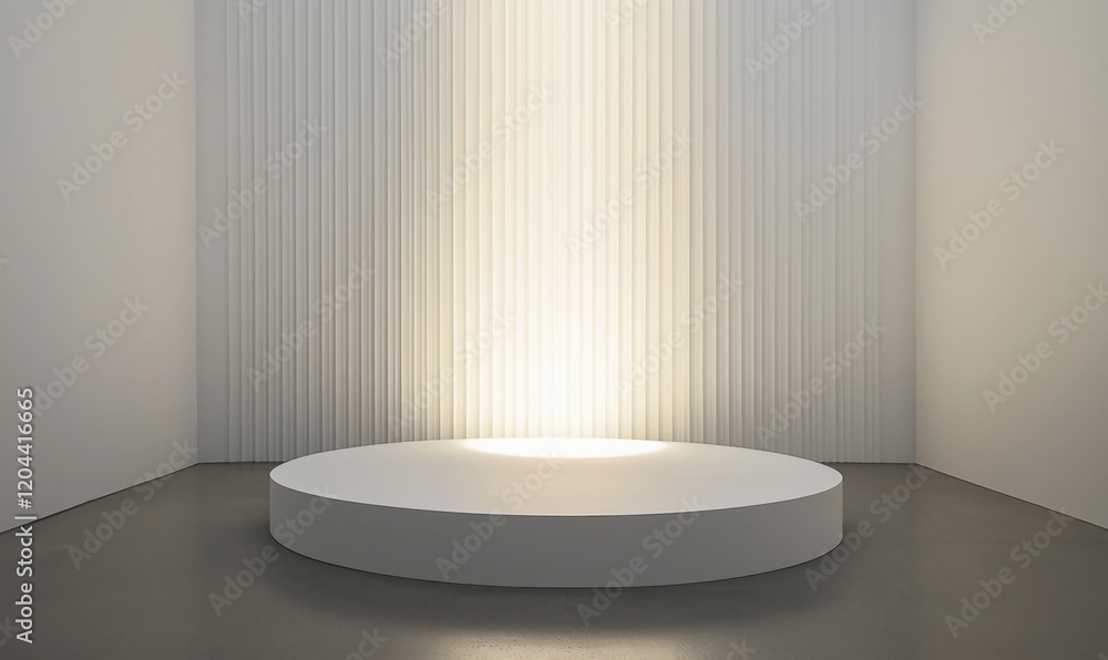 Poster minimalist white circular platform illuminated by soft light in a modern, empty room with vertical l