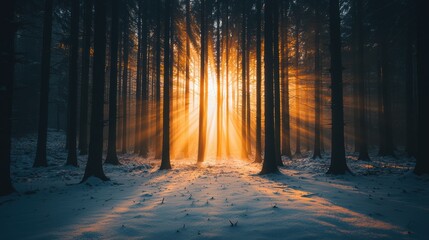 Morning light in a snowy field among dark evergreens