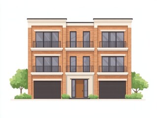 Fototapeta premium Contemporary townhouse with brick facade, large windows, and modern landscaping, symbolizing innovation, real estate, and urban living in clean vector illustration
