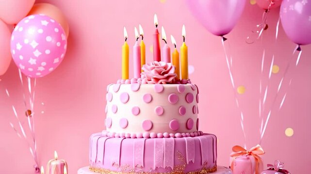 Whimsical birthday celebration with pink cake, candles, and balloons in festive decor