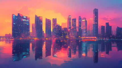 Fototapeta premium Vibrant skyline at sunset with skyscrapers reflecting on the water, creating a stunning urban landscape. Urban Oasis. Illustration