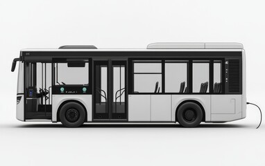 Clean illustration of a modern electric bus with sleek white and black tones, showcasing themes of public transportation, sustainability, and innovative urban mobility
