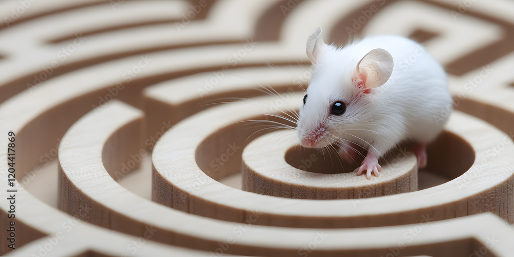 Poster a small white mouse cautiously navigates a complex wooden maze. a test of problem-solving and intell