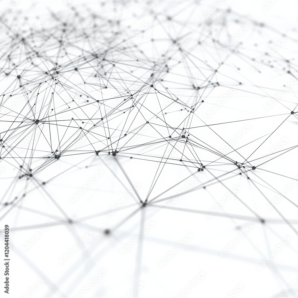 Poster Intricate network of lines and dots representing digital connections on a white background. Generative AI