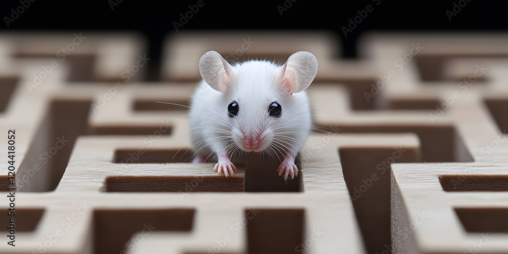 Poster a small white mouse stands at a crossroads in a wooden maze, contemplating its next move. a captivat